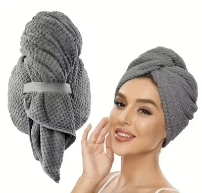 Image de Serviette pour cheveux - Serviette pour cheveux - Serviette pour cheveux - Gris - Turban pour cheveux - Pour sécher les cheveux après le lavage - Taille unique - CHPN