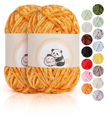 Image de Fil chenille, 2 pelotes de 100 g, couleur orange, très doux, fil à crochet de 6 mm, 80 mètres