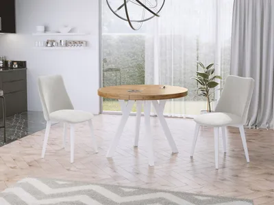 Produktbild von Designer Runder Ausziehbarer Esstisch - Loft-Stil, Industriell, Platzsparend - Weiße Beine - 100 bis 150 cm - für 5-8 Personen - Hergestellt in EU - Wotan Eiche - 150 cm