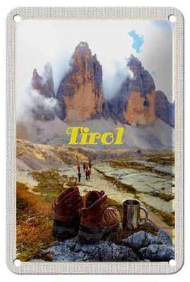 Produktbild von Blechschild Reise 12x18cm Tirol Wanderung Schuhe kaltes Getränk Schild