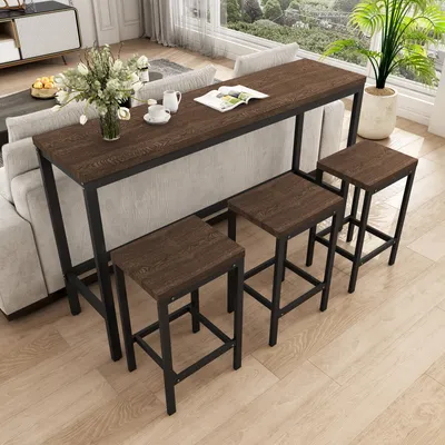Image de MODFU Tables À Manger Et Ensembles - Ensemble Table Avec 3 Tabourets Pour Cuisine Ou Bar, MDF Et Métal, 148 x 40 x 90 cm - Brun foncé