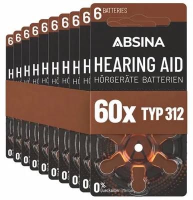 Produktbild von ABSINA 60x Hörgerätebatterien 312 mit gut greifbarer Schutzfolie - Hörgeräte Batterien PR41 ZL3 P312 Zink Luft, 1,45V