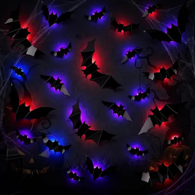 Productafbeelding van 24 LED-vleermuisdecoraties voor Halloween. LED-vleermuisstickers voor aan de muur, lichtgevende vleermuisdecoraties voor Halloween, geschikt voor ramen, deuren, veranda's, spookhuizen en feestjes