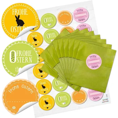 Produktbild von 24 kleine grüne Papiertüten Ostertüten 9,5 x 14 cm + 24 runde Osteraufkleber Aufkleber 4 cm gelb grün orange pink zu Ostern Geschenk Verpackung give-aways Kinder Mitgebsel GastgeschenkeOstermotive bunt