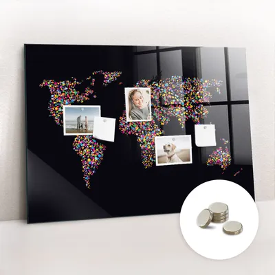 Obrázek produktu pro Magnetická Tabule na Zeď Skleněná - Memo Board Kleněnou Přední Stranou - 5 magnetů v balení - 100x70 cm - Mapa světa z teček
