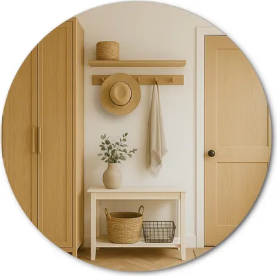 An entryway with a wooden wardrobe, a shelf with a hat and basket, a coat rack with a hat and towel, a bench with baskets, and a wooden door.