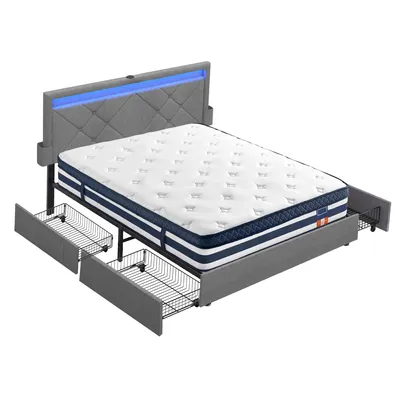 Produktbild von VASAGLE Polsterbett mit LED und 7-Zonen Taschenfederkernmatratze Set, 4 Schubladen, USB, 140 x 200 cm, Hellgrau und Blau
