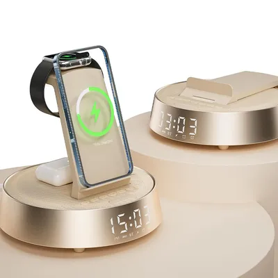 Produktbild von 6-in-1 Kabelloses Ladegerät für iPhone und Samsung, Radiowecker mit Bluetooth-Lautsprecher,  für Apple Watch, für AirPods mit Licht