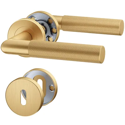 A set of gold-colored door handles and a keyhole escutcheon on a white background.