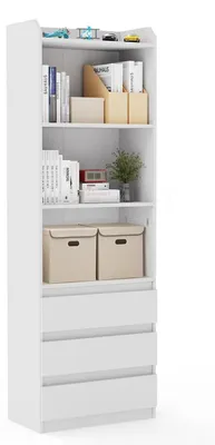 Immagine prodotto di Libreria alta 180 cm, bianca, con 6 ripiani e 3 cassetti, da appoggio, mobile contenitore