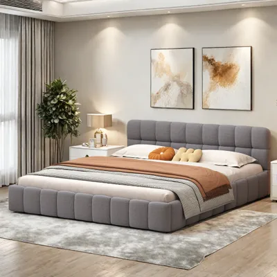 Produktbild von UnboxG Polsterbett 160x200cm mit Lattenrost und gepolstertem Seiten, Doppelbett mit gepolstertes Kopfteil, Leinen Jugendbett Ehebett Flachbett, Grau