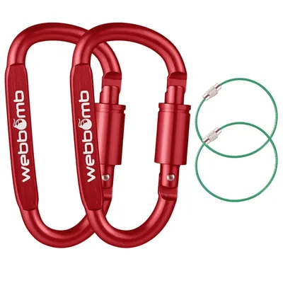 Produktbild von WEBBOMB® 2x Karabiner Haken mit Schraubverschluss 80mm ROT + 2X Drahtseil Schlüsselringe Schraubkarabiner Sport Karabinerhaken Schlüsselanhänger