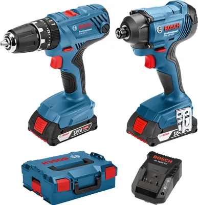 Obrázek produktu pro Akumulátorový rázový utahovák Bosch GDR 18 V-160 + GSR 18 V-21 + 2 akumulátory 2,0 Ah + L-BOXX