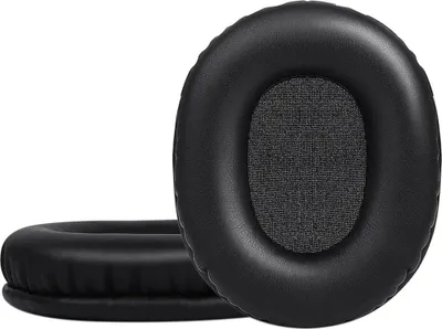 Two black ear pads for headphones are shown against a white background.
