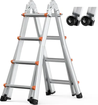 Immagine prodotto di SucceBuy 15 ft scala telescopica A-frame, estensione compatta in alluminio, scala pieghevole multifunzionale RV per casa, scale, interni/esterni, capacità di carico 330 lb, argento