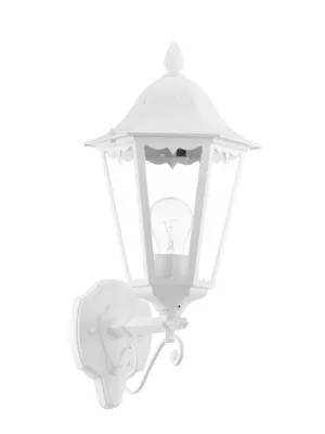 A white outdoor wall lamp with a light bulb inside, set against a white background.