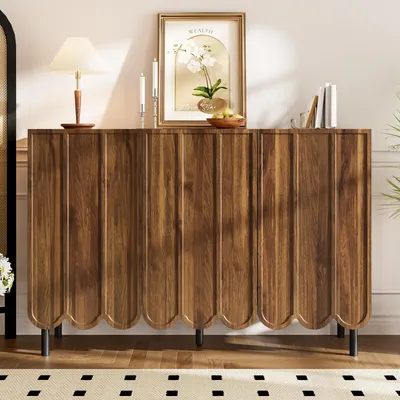 Zdjęcie produktu dla Nowoczesna komoda Sweiko w kolorze drewna z drzwiczkami falistymi – 120x35x80 cm – bez uchwytów, z regulowanymi półkami – idealna do przechowywania w salonie, przedpokoju i jadalni