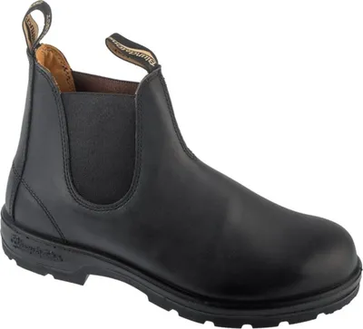 A black leather Blundstone boot is shown against a white background.