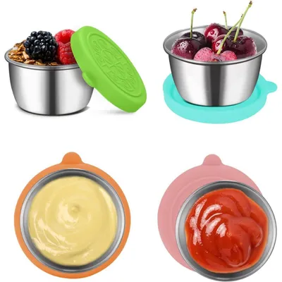 Immagine prodotto di Contenitori per alimenti, set da 4 pezzi, capacità 70 ml, in acciaio inossidabile con coperchio in silicone, a prova di perdite, accessori per bento box