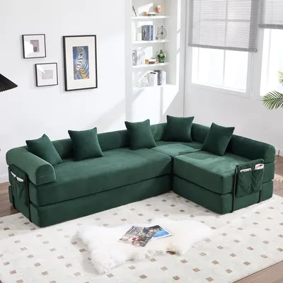 Produktbild von Modular Familiensofa Kleines Schlafsofa 2-Sitzer Vakuumverpackt Polstersofa mit Stauraum Seitentasche Couchgarnitur Haustierfreundlich Couch Smaragdgrün