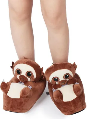 Produktbild von Corimori Süße Plüsch Hausschuhe (10+ Designs) Faultier „Henry“ Slipper Einheitsgröße 34-44 Uni Pantoffeln Braun