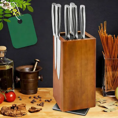 Zdjęcie produktu dla Blok do noży magnetyczny, obrotowy 360°, drewno akacjowe, do kuchni