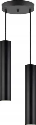 A black, two-bulb pendant light fixture.