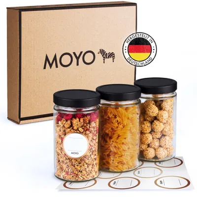 Zdjęcie produktu dla Zestaw szklanych pojemników, 3 sztuki, pojemność 720 ml, szczelne, z etykietami, do kuchni