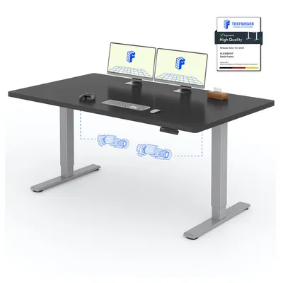 A black height-adjustable desk with two monitors, a keyboard, and a mouse.