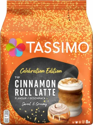 A package of Tassimo Celebration Edition Typ Cinnamon Roll Latte coffee pods.