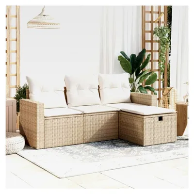 Produktbild von 4-teiliges Gartenlounge-Set aus Rattan, Balkonlounge, Balkonsofa, Gartensofa, Loungemöbel, Balkonmöbel, Gartenmöbel, Kissen in Beige
