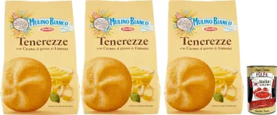 Produktbild von Mulino Bianco Tenerezze Biscotti con Crema al Gusto di Limone, Kekse mit Zitrone geschmack creme, biscuits cookies, 3x 200g + Italian Gourmet polpa 400g