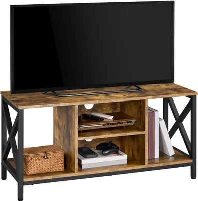 A TV stand with a television on top and various items on its shelves.