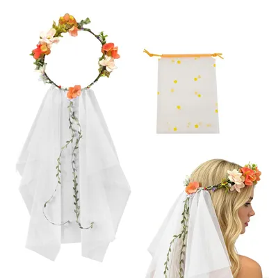 Produktbild von Blumenkranz und Brautschleier - Mit Tüllaufbewahrungstasche - Haarschmuck für Hochzeiten und Mottopartys - Weiß