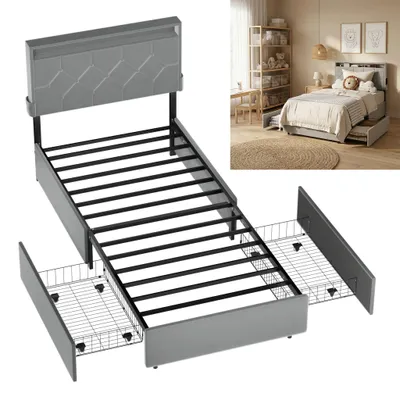 Produktbild von XINZI Velours Polsterbett Schlafzimmer mit Stauraum & Schubladen, Gepolstertes Kopfteil, Hohe Belastbarkeit, Einfache Montage 90×200 cm, Hellgrau