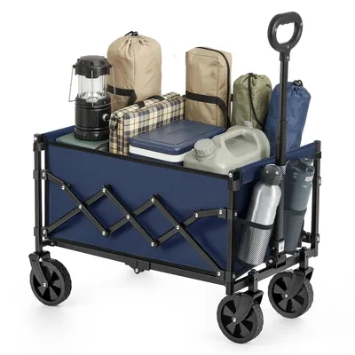 Produktbild von Faltbarer Bollerwagen, Transportwagen mit Griff, 4 verstärkte Rollen, 90 L, Outdoor, bis 180 kg, Garten, dunkelblau