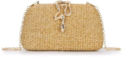 Imagen del producto de Bolsa de paja trenzada Unyqoos® para mujer – Clutch de paja hecha a mano, 21 x 12 x 35 cm, cierre con detalle de serpiente dorado, cadena desmontable, ideal para la playa y bodas