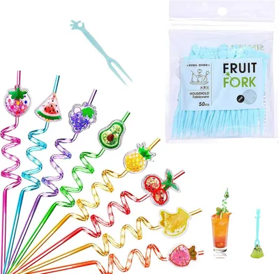 Imagen del producto de Pajitas reutilizables, 8 pajitas curvas de colores, de 27 cm de longitud, con 50 palillos de cóctel, ideales para fiestas