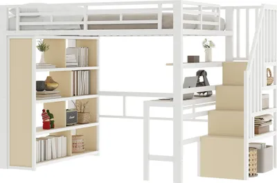 Produktbild von Hochbett mit RGB LED-Streifen, Schreibtisch, Bücherregal, Lattenrost, Treppe, Rausfallschutz, 140x200cm, Metallbett, Kinderbett
