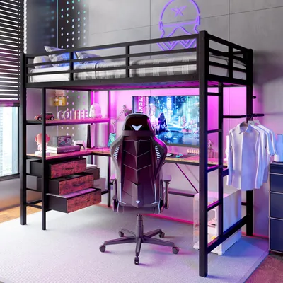 Image de Lit mezzanine 90 x 200 cm avec bureau, lit en métal avec éclairage LED, prises électriques et ports USB, 3 tiroirs, étagères et escalier, sans matelas, noir