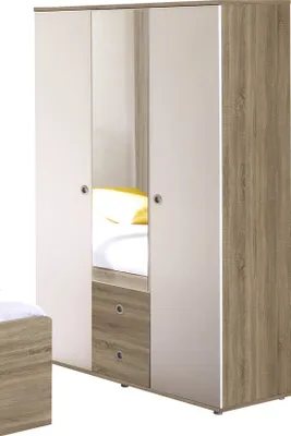 A three-door wardrobe with mirrored doors and wooden accents, shown in a room setting.