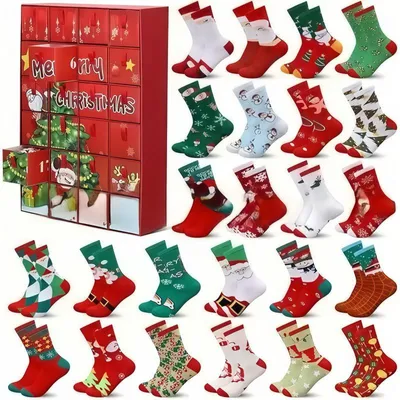 Obrázek produktu pro Adventní ponožky – 12 párů – odpočítávání 24 dnů – zábavné vánoční ponožky – dárková krabička s ponožkami – vánoční kalendář – provedení E