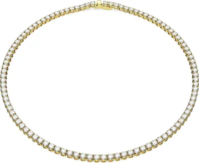 A close-up view of a diamond tennis necklace.
