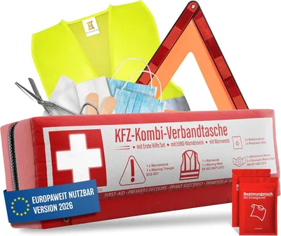 Zdjęcie produktu dla Torba samochodowa 3-w-1, zestaw pierwszej pomocy, trójkąt ostrzegawczy, kamizelka, do auta