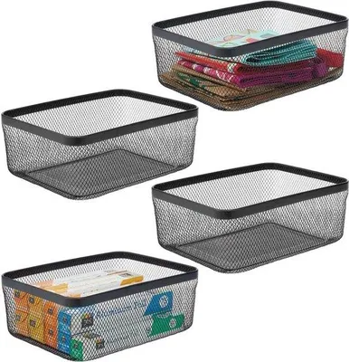 Image de Lot de 4 paniers métalliques, noirs, compacts, pour la cuisine, le cellier ou la salle de bains