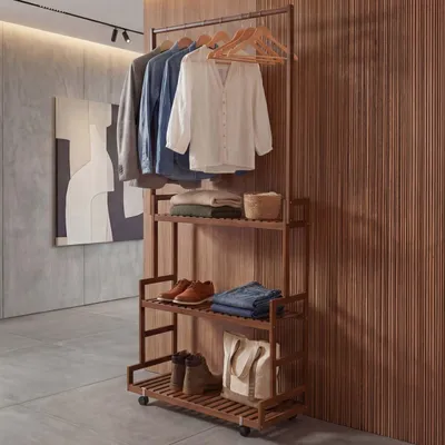 Image de Porte-manteau en bambou HWC-Q33, porte-manteau, étagère à chaussures, tringle, 3 étagères, roulettes, 175 x 93 x 38 cm ~ marron