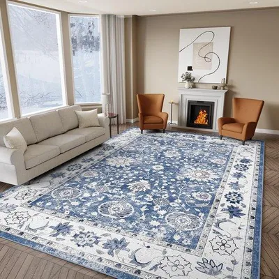 Productafbeelding van Azomor® Wasbaar tapijt met een laag pols, een retro bloemenmotief en een antisliponderkant, geschikt voor de woonkamer