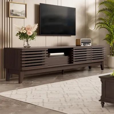 Immagine prodotto di Mobile TV Merax con 3 ante e 1 cassetto, mobile TV con design a doghe in legno vintage, pannello TV e spazio di archiviazione, lavagna bassa in stile country color legno