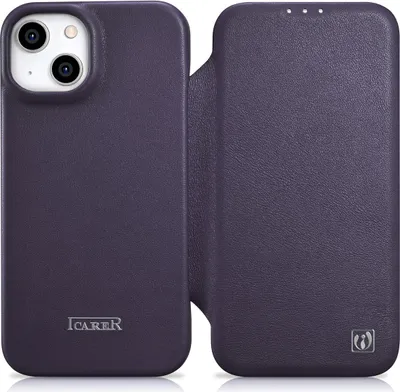 A dark purple leather phone case with a flip cover is shown against a white background.