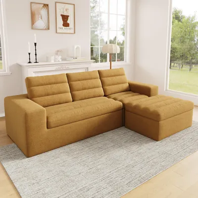 Obrázek produktu pro Merax L-tvar, modulární rohová sedací souprava, 4místná bezrámová pohovka, pohovka Wolkensofa z chenille, rozkládací pohovka, sedací souprava, pohovka, oranžová